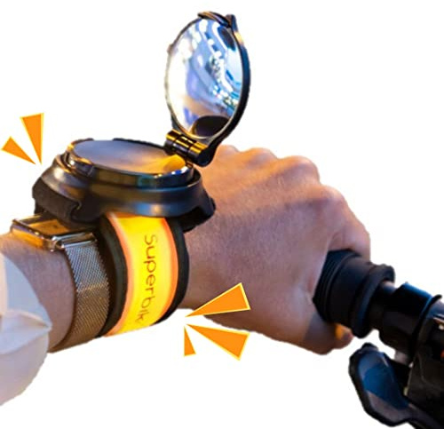 Bub-up Superbikero Bracelet rétroviseur et clignotant pour vélo et trottinette. Un bracelet lumineux signal fixe ou clignotant avec rétroviseur intégré. Single Version.