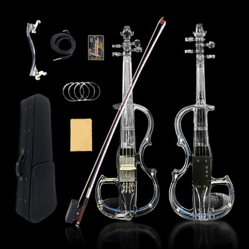 WUQIMUSC - Violín eléctrico de tamaño 4/4, cuerpo de vidrio acrílico transparente, 3 colores, luz LED, bonito tono con funda, lazo, elv-led