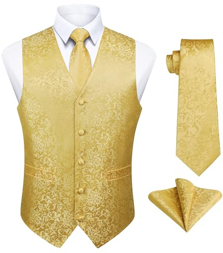 Enlision Gilet da Uomo Elegante Paisley Jacquard Gilet Giallo da Abito Cravatta e Fazzoletto Set per Festa Sposa