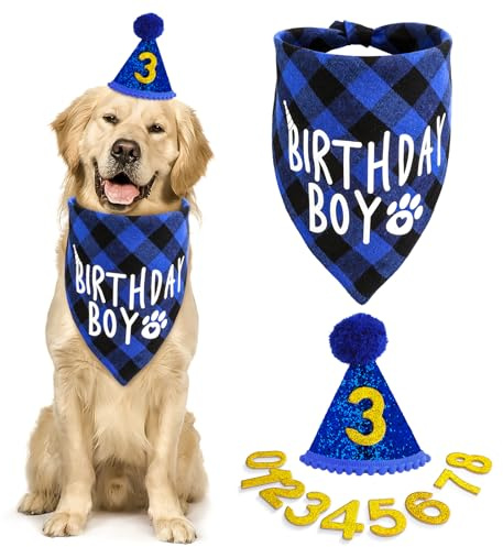Amaxiu Juego de fiesta de cumpleaños para perro, sombrero bandana de cumpleaños para perro con 8 números brillantes, suministros de feliz cumpleaños para mascotas, sombrero con purpurina, bandana a