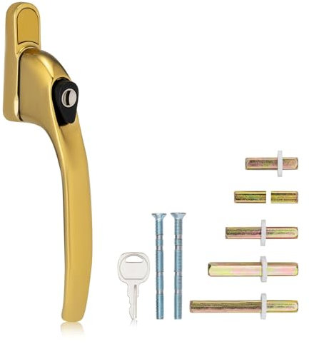 XFORT Key Locking Inline Window Handle Installation Kit in Polished Brass, UPVC Window Handle Replacement, Lockable Window Lever