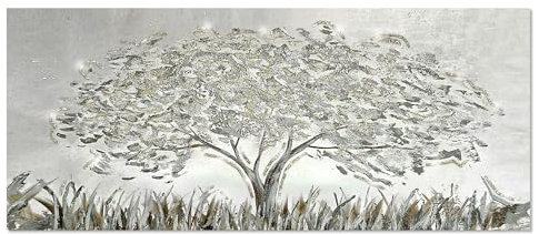 Lupia - Quadro Moderno Brillant con Glitter Albero Grey Glitter | Stampa su Tela Poliestere | Decorazione Artigianale Italiana, Arte da Parete per Soggiorno e Ufficio | 52x122 cm, Telaio Legno