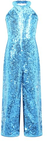 RUNQHUI Barn, flicka, paljett, overall, disco, jumpsuit, fest, bal, fest, karneval, fest, 5–16 år, A Sky Blue, 11-12 ans