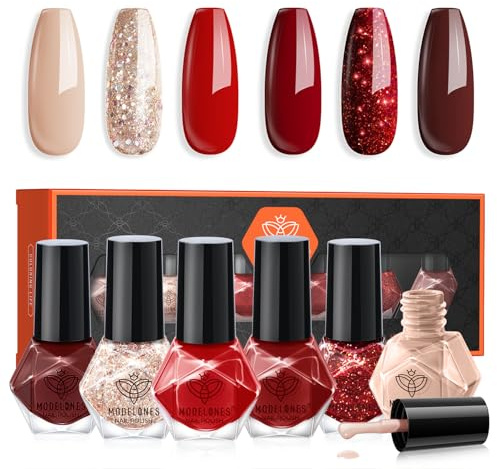 Modelones Nail Polish Set - 6 Colors: Nude, Gold, Red, Burgundy Red Glitter - Quick Dry Nail Varnish for DIY Manicure & Salon Home Use