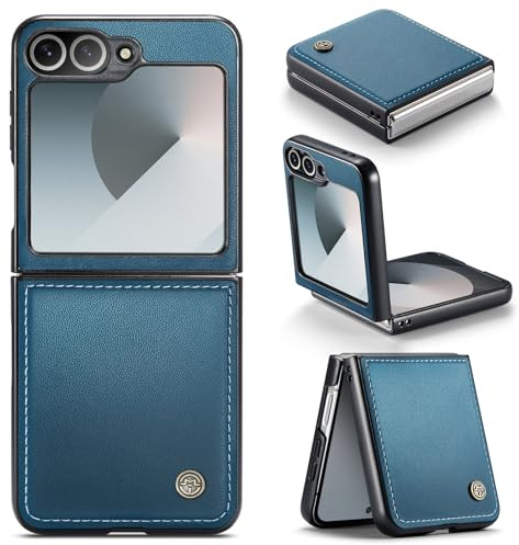 Rerzoiro Funda para Samsung Galaxy Z Flip 6, Funda Cuero PU PC Dura, Textura de Moda Delgada, Anticaída, Resistente a los Golpes Carcasa Antihuellas, Case para Samsung Z Flip6, Azul