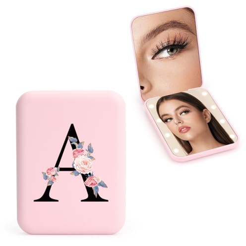 FIDWALL Personalizzato 1X/3X specchio ingranditore da viaggio, specchio portatile a LED, specchietto da borsetta, specchio tascabile iniziale, ragazza amica mamma insegnante damigella (A)