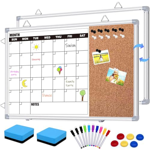 YUYIUS Calendar Whiteboard for Wall, 16 x 12 Double Sided Monthly Dry Erase Board Calendar for Office, Home, School, Hanging Cork Board White Board Combo, Portable Magnetic Dry Erase Planner Board