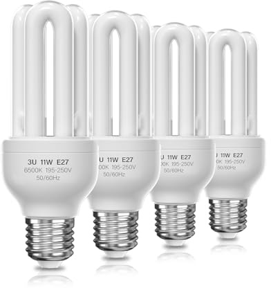 BrightArk 4 Pack Energy Saving Light Bulbs 11W Screw in E27 ES CFL Low Energy Light Bulbs 11W=60W, Daylight White 6500K 3U CFL Compact Fluorescent Stick Bulbs, Non-Dimmable