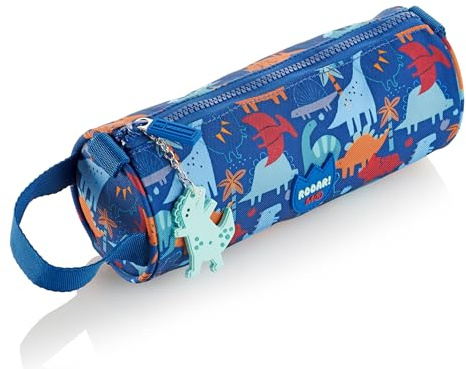 Miquelrius - Astuccio scolastico, Portatodo rendondo, realizzato con bottiglie riciclate, chiusura zip, organizza il tuo materiale scolastico per il ritorno a scuola, Dino, blu, Astuccio rotondo