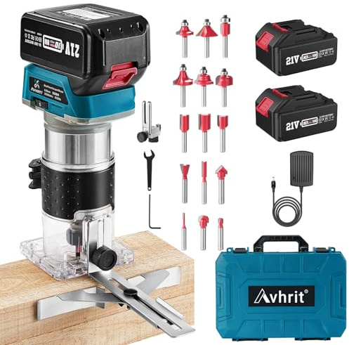 Avhrit Fresadora de Madera a batería, 21 V Fresadora de Madera Compacta con 2 Baterías 4.0Ah, 6 Velocidades, 33.000RPM, 15 Mandriles Collets 1/4 resadora Madera para carpintería