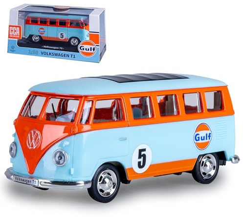 JAMARA 402604 Volkswagen T1 Diecast 1:38 - Modellino di auto giocattolo per bambini, modello auto in miniatura, idea regalo per bambini, porte aprire/chiudendo manualmente, motore di ritiro
