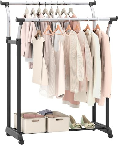 COSTWAY Burro Ropa con Ruedas, Perchero Burro de Doble Barra, Altura Ajustable, Metálico, Perchero de Pie Lavandería Dormitorio Salon, 87,5 x 51 x 106-175 cm, Plata