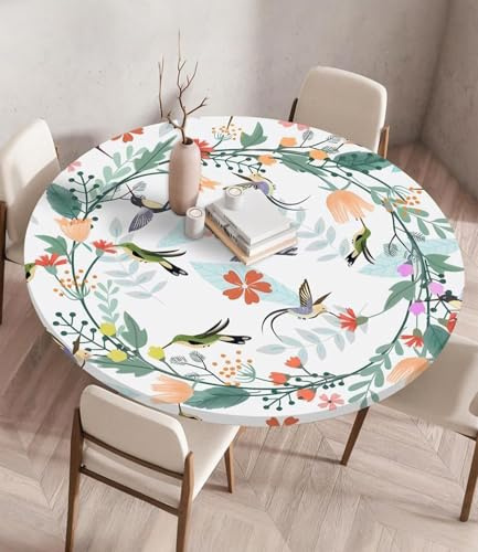 Highdi Tovaglia Rotonda Antimacchia 110 cm, Impermeabile Copritavolo Rotondo con Elastico, Fiore EsternoTovaglie da Tavola per Giardino Ristorante, Ideale per 100cm-105cm