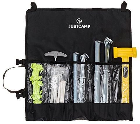 JUSTCAMP Zelt Zubehör Set Griffin für Camping, Festival, Outdoor - 34 Ersatzteile Heringe, Abspannleinen, Gummihammer