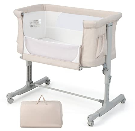 COSTWAY 3-in-1 Baby Bedside Crib, Easy Folding Cot Bed with Mattress, Breathable Mesh Window, Lockable Wheels and Travel Bag, Height Adjustable Newborn Sleeper for Birth to 9kg (Beige)