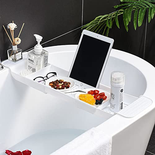 Plateau de Baignoire Extensible Multifonction en Plastique pour Salle de Bain, étagère de Rangement Simple et élégante pour Serviette de Bougie, Livre, vin, téléphone, Douche (Blanc)