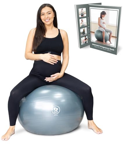 BABYGO® Gymnastikball Schwangerschaft Sitzball Büro Schwanger Yoga Pezziball | inklusive Schwangerschaftsbuch zur Geburt & Fitness | Anti-Burst 1000 Kg (Grey, 65cm)