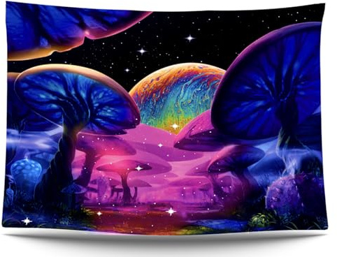 Ulticool Tapiz Mural Hongos de la Luna Nocturna - Brilla en la Oscuridad - Luz Negra Reactiva Bajo UV - Psicodélico en la Oscuridad - 200 x 150 cm