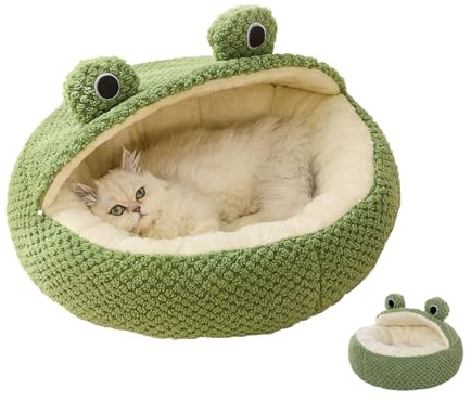 Letto per gatti e animali domestici – Grotta casa in interni con cuscino per dormire caldo morbido a forma di rana – Fondo antiscivolo per gatti e cani (Small-40 cm, mezzo capanno)