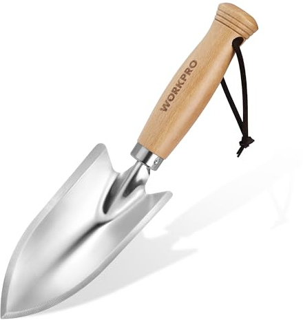 WORKPO Paletta da Giardino Piccola 28 cm, Cazzuola per Fiori in Acciaio Inox di Alta Qualità a Parete Spessa, con Manico in Legno, Robusta e Durevole, Vanga per Scavare, Piantare e Rinvasare
