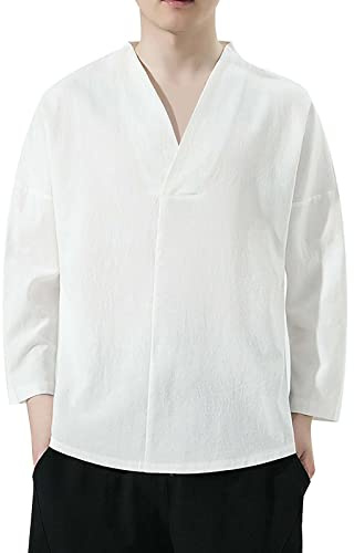 PODOLIXIA Chemise à col montant à manches longues pour homme - Kimono japonais - Imprimé - Robe taoïste - Coupe ample - Vêtement de méditation décontracté, Blanc., M
