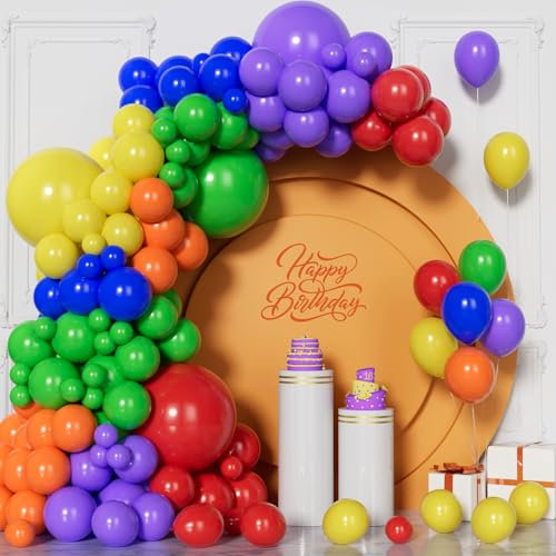 Unisun Rainbow Balloons, 130Pcs Matte Multicolored Balloon Garland Arch Kit, 5/10/12/18 Inch Assorted Latex Balloon for Men Boys Graduation Baby Shower Wedding Birthday Party Anniversary Decorations