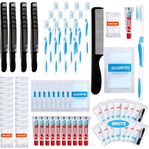 Tiangrid 96 Sets Personal Hygiene Kit Basic Toiletry Kits Homeless Supplies Bulk for Women, Men, Travel, Charity, Business Include 96 Shampoo, 96 Toothbrush, 96 Toothpaste, 96 Comb, and 96 Bath Soap