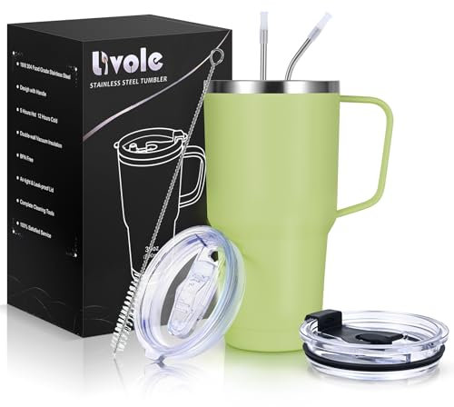 Livole Termosmugg på 30 oz, 900 ml, dubbelväggig termosmugg med sugrör och handtag, rostfritt stål isolerad campingmugg med handtag, kaffemugg to go termo, dryckesmugg för kaffe, cocktail, ljusgrön