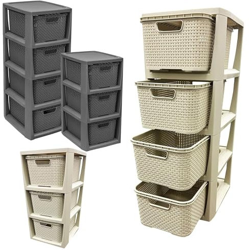 3 Or 4 Drawer Large Spacious Rattan Effect Cream & Grey Home OfficeModular Storage Tower Unit (1, Grey - 4 Drawer)