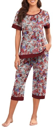 PrinStory Pyjamas för kvinnor kortärmad dampyjamas-set, lätta pyjamasöverdelar och capribyxor, nattkläder, pyjamas-set med fickor, Hibiskus svart, S