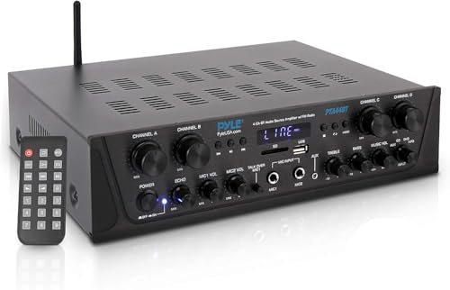 Pyle Bluetooth Amplifier for Turntable, HiFi Stereo – 500W 4-Channel Audio Receiver with AUX, USB & Mic Input, Compact Home Amp for Speakers | EQ, Talk-Over, Echo Control, Tabletop Mount