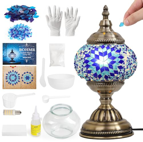 BOHMR DIY Turkish Mosaic Lamp Kit, Stained Glass Table Lamp Making Kit- Easy and Fun, No Experience Needed, Mosaic Art & Craft Project Kits for Adults & Teens, Make Your Own Table Lamp,Blue