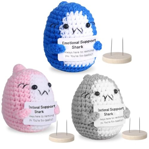 VZZNN 3 Pcs Crochet Shark Positive Animal Gifts - Cute Shark with Inspirational Support Card Mothers Fathers Day Birthday Gifts for Friends Mom Dad Women Men Sister Brother(Blue Pink Grey)