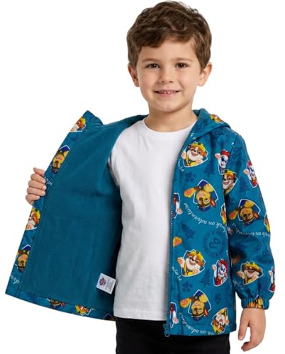 Paw Patrol Boys Waterproof Raincoat with Fleece Lining, Rain Jacket with Hood and Pockets - Blue with Chase, Marshall & Rubble All-Over Print - Sizes 18-24 Months to 5-6 Years