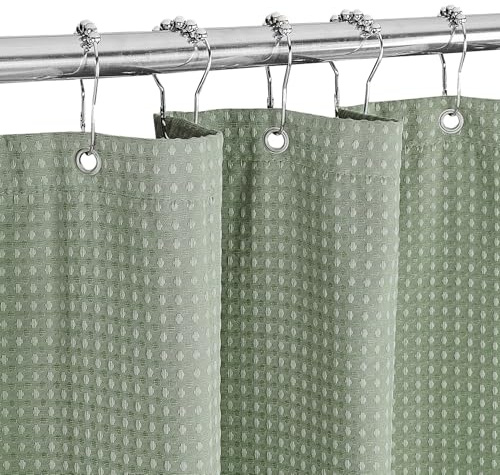 MALIRUE Cortina de Ducha Waffle Verde 183x198 cm - Poliéster Textil Lavable con imanes y 12 Anillos, Opaca e Impermeable para Ducha y baño