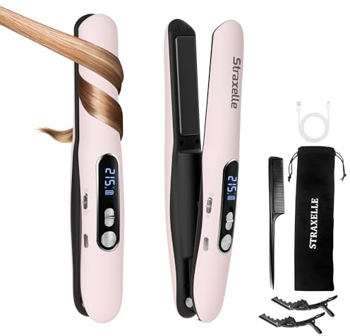 Mini Piastra da Viaggio per Capelli Senza Fili, 2 in 1 Piastra Capelli Senza Fili e Arricciacapelli, 175℃-215℃ Piastre per Capelli Corti per Donne/Uomini, 5000mAh Cordless Hair Straightener (Rosa)