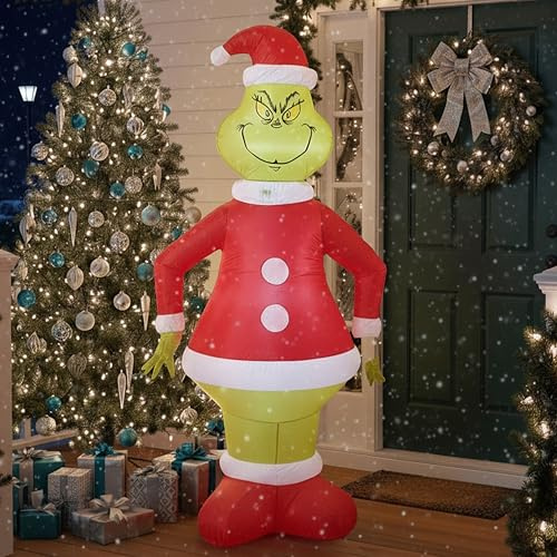 LOVETRENDS Uppblåsbar LED-grinch-juldekoration – officiellt licensierad 180 cm/6 fot/180 cm upplyst grinch-rekvisita med viktade fötter och spännpinnar – festlig julfilm husdekoration