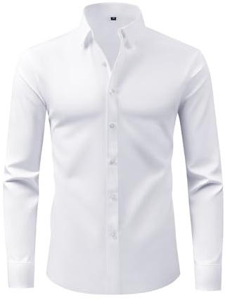 Mens Four Way Stretch Long Sleeve Shirt Cut Formal Business regular fit Standard Collar Button Down Shirt Wrinkle Free Casual Shirt Suitable Weddings Work We (UK, Alpha, M, Regular, Regular, White)