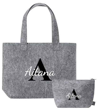 Set de Bolso y Neceser Personalizables de Fieltro Gris Peersonalizado con Inicial y nombre | Regalo personalizado | Neceser fieltro personalizado | Regalos autenticos | Personalizable