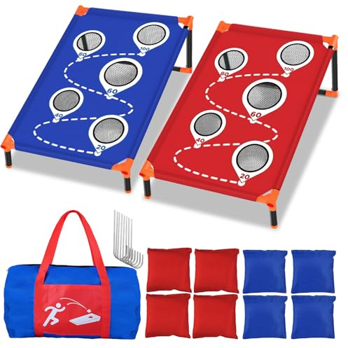 OBOVO Cornhole Game, Set di lancio di fori di mais con cornice in PVC, 8 pouf e borsa per il trasporto per cortile, prato, giochi in spiaggia, campeggio, buco di mais, giochi all'aperto, rosso