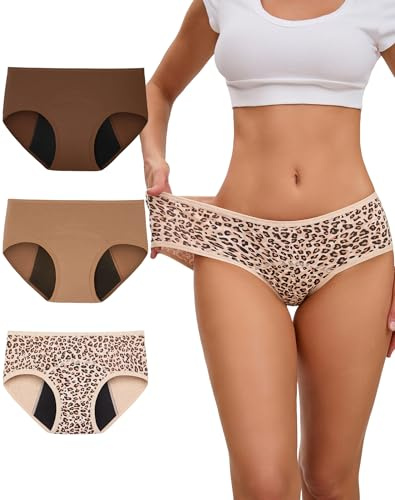 INNERSY Menstruationstrosor dam rikligt flöde medelhög midja underbyxor menstruationscykel bomull 3-pack, Mocha Leopard-serien, XS