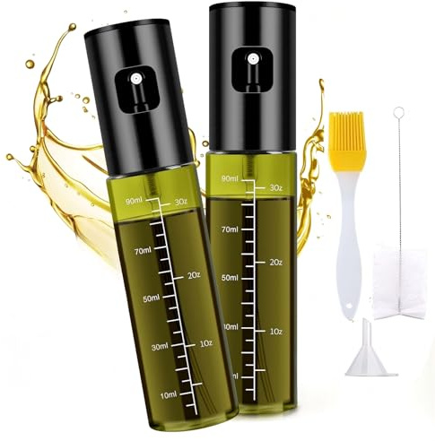 2 st. oljesprutor för matolja svart grön, 100 ml oljesprayflaska av rostfritt stål och glas med skala och tratt, multifunktionell oljespray för varmluftsfritös, grillning, bakning, köksprylar