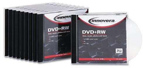 Innovera 46846 DVD+RW Discs, 4.7GB, 4x, w/Slim Jewel Cases, Silver, 10/Pack