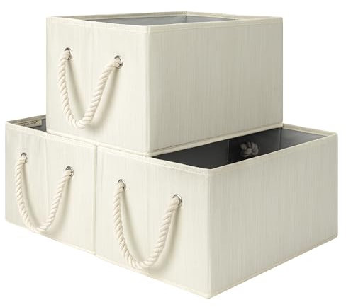 StorageWorks Large Storage Boxes for Organising, Foldable Storage Baskets for Shelves, Fabric Storage Boxes with Handles, Decorative Shelf Baskets for Playroom, Beige, White & Ivory, 3-Pack