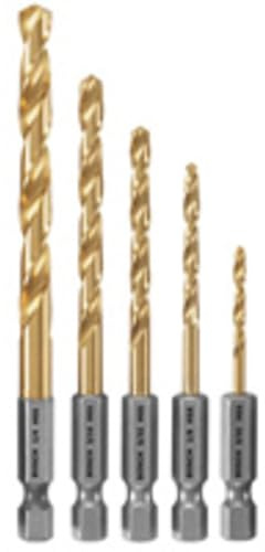 BOSCH TI5IM 5-Piece Assorted Set Titanium Nitride Coated Metal Drill Bits with Included Case Impact Tough with Impact-Rated Hex Shank Ideal for Heavy-Gauge Carbon Steels, Light Gauge Metal, Hardwood