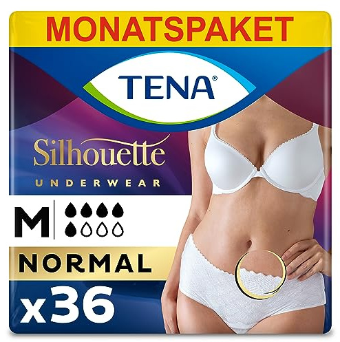 TENA Silhouette Normal Taille Basse - Sous-vêtements Absorbants Jetables Incontinence Femme - Post-accouchement - Pour Fuites Urinaires Modérées - Blanc - Taille M - 36 Culottes (Pack 1 mois)
