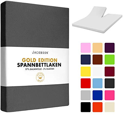 JACOBSON Gold Edition Jersey Spannbettlaken Spannbetttuch Baumwolle mit ELASTAN ca. 200 g/m² (Split-Topper 180-200x200cm, Weiss)