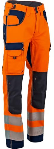 LMA Workwear 1679 POLARISATION Pantalon Bicolore, Bien Visible, avec Poches aux Genoux, Taille 48, Orange Fluo/Bleu foncé