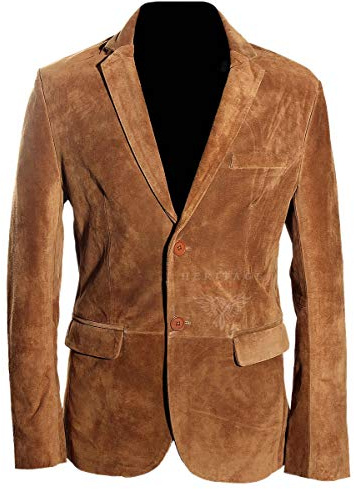 Carter Tan Men's Smart 2 Buttons Real Cowhide Suede Leather Fashion Blazer Jacket (Sizes: XS to 5XL Available) (2XL)