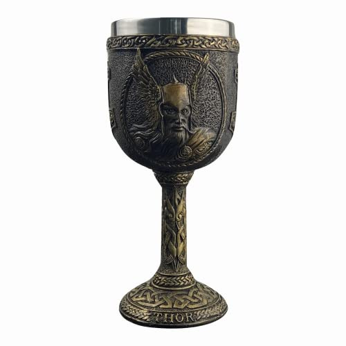 MediMuc Kelch Thor - detailliert verarbeiteter, dekorativer, handbemalter, mittelalterlicher Kelch mit Thorkopf- Material: Polyresin
